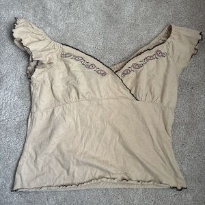 Beige Embroidered Wrap-Style Women’s Top